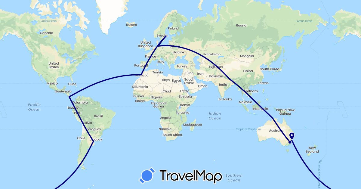TravelMap itinerary: driving in Argentina, Australia, Costa Rica, Germany, Morocco, Nepal, Sweden (Africa, Asia, Europe, North America, Oceania, South America)
